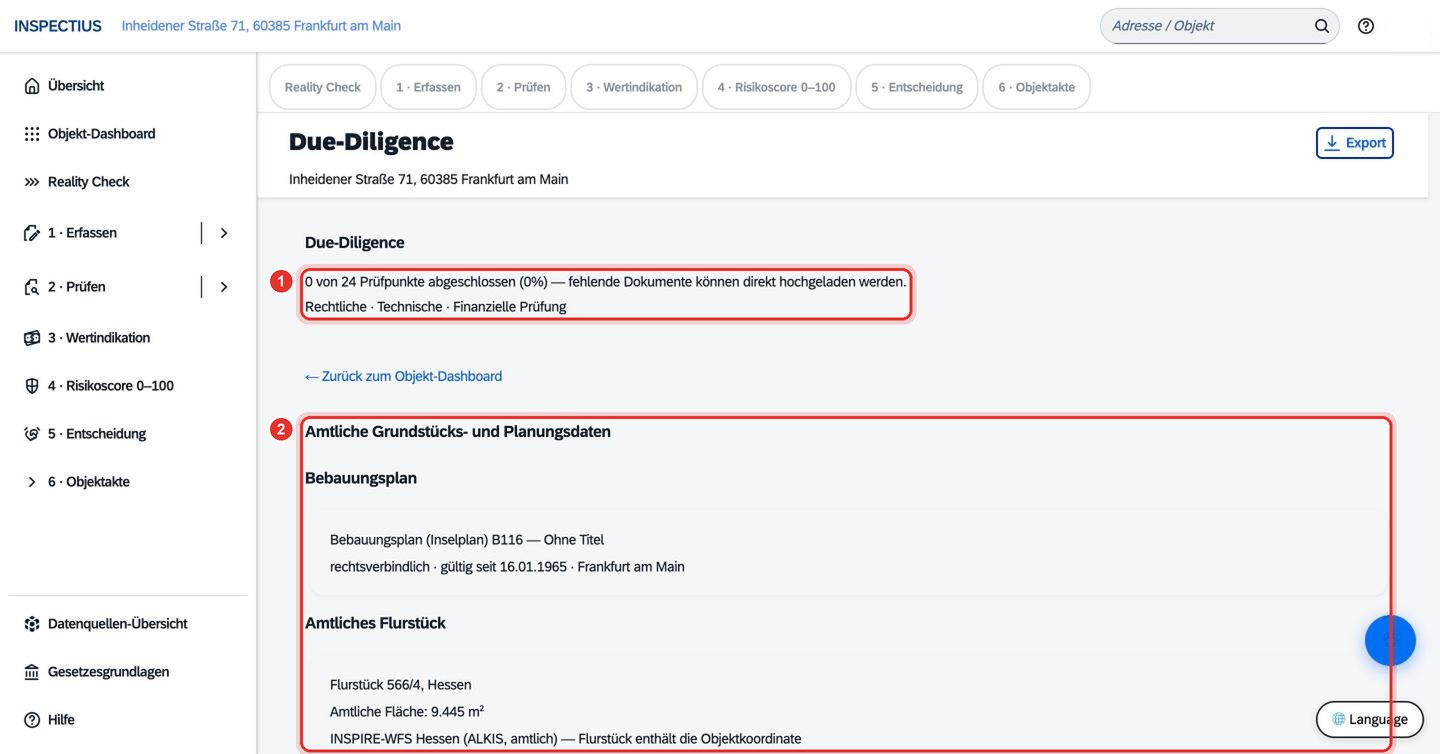 Bildschirmfoto Inspectius-Workspace: Due-Diligence