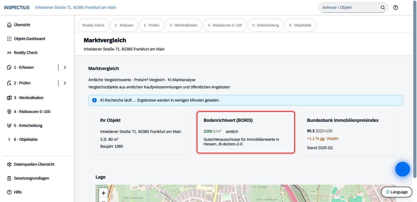 Bildschirmfoto Inspectius-Workspace: Bodenrichtwert richtig lesen