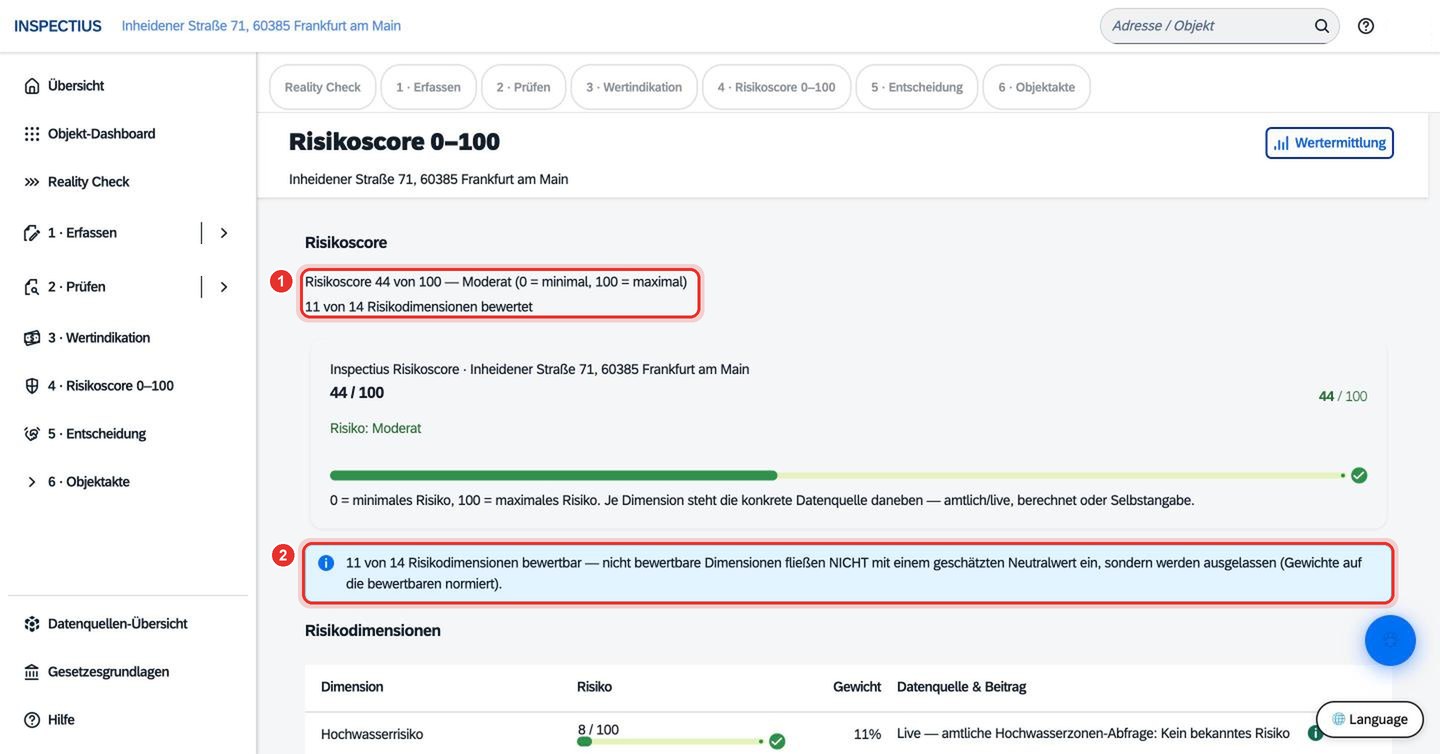 Bildschirmfoto Inspectius-Workspace: Der Risikoscore: 14 Dimensionen