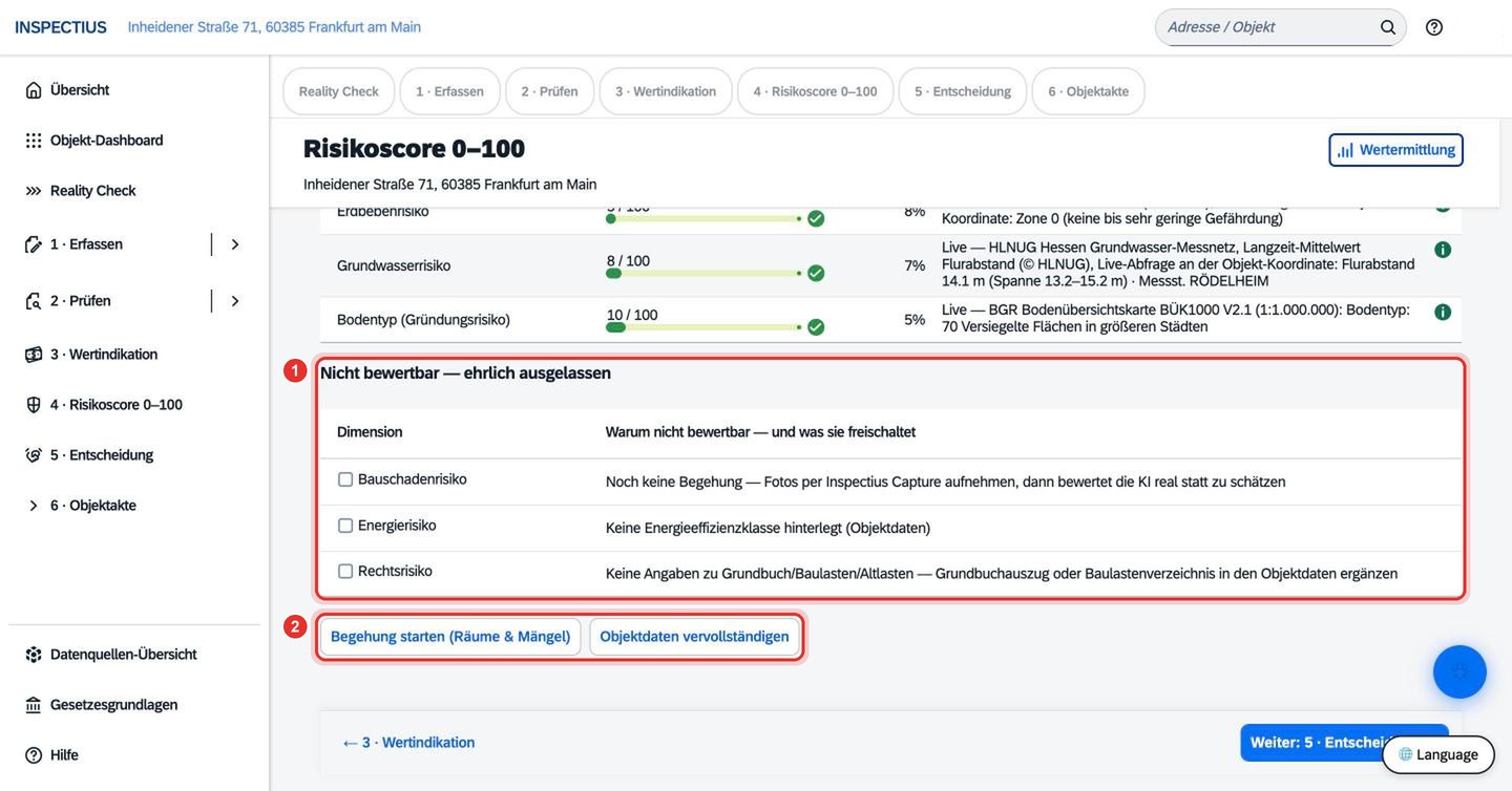 Bildschirmfoto Inspectius-Workspace: Der Risikoscore: 14 Dimensionen