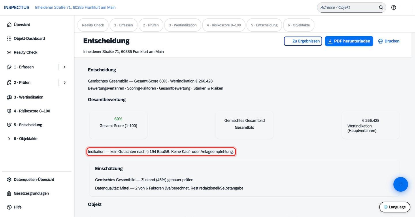 Bildschirmfoto Inspectius-Workspace: Grenzen und Pflichtsätze