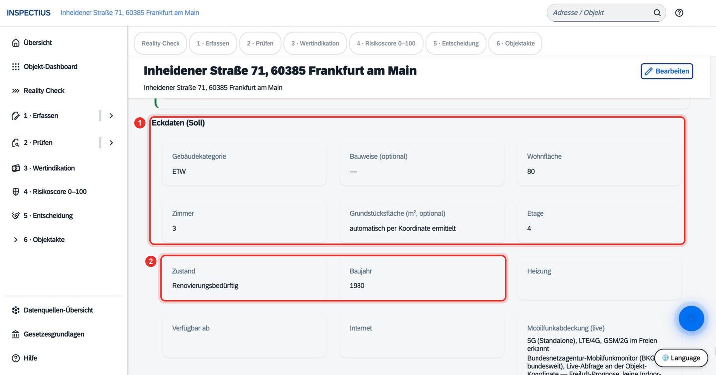 Bildschirmfoto Inspectius-Workspace: Objekt anlegen und Objektdaten