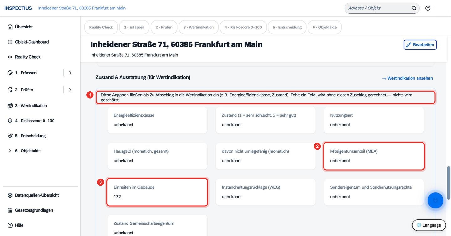 Bildschirmfoto Inspectius-Workspace: Objekt anlegen und Objektdaten
