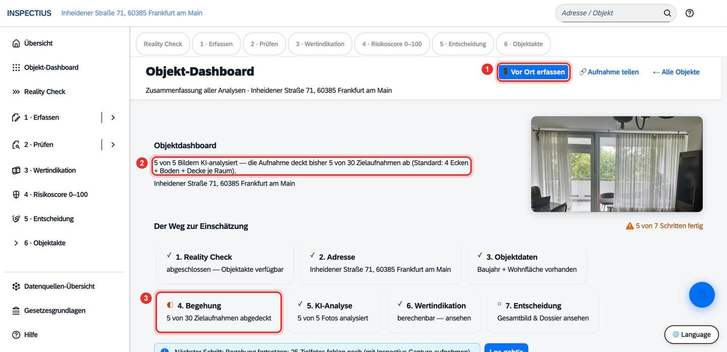 Bildschirmfoto Inspectius-Workspace: Begehung mit Inspectius Capture