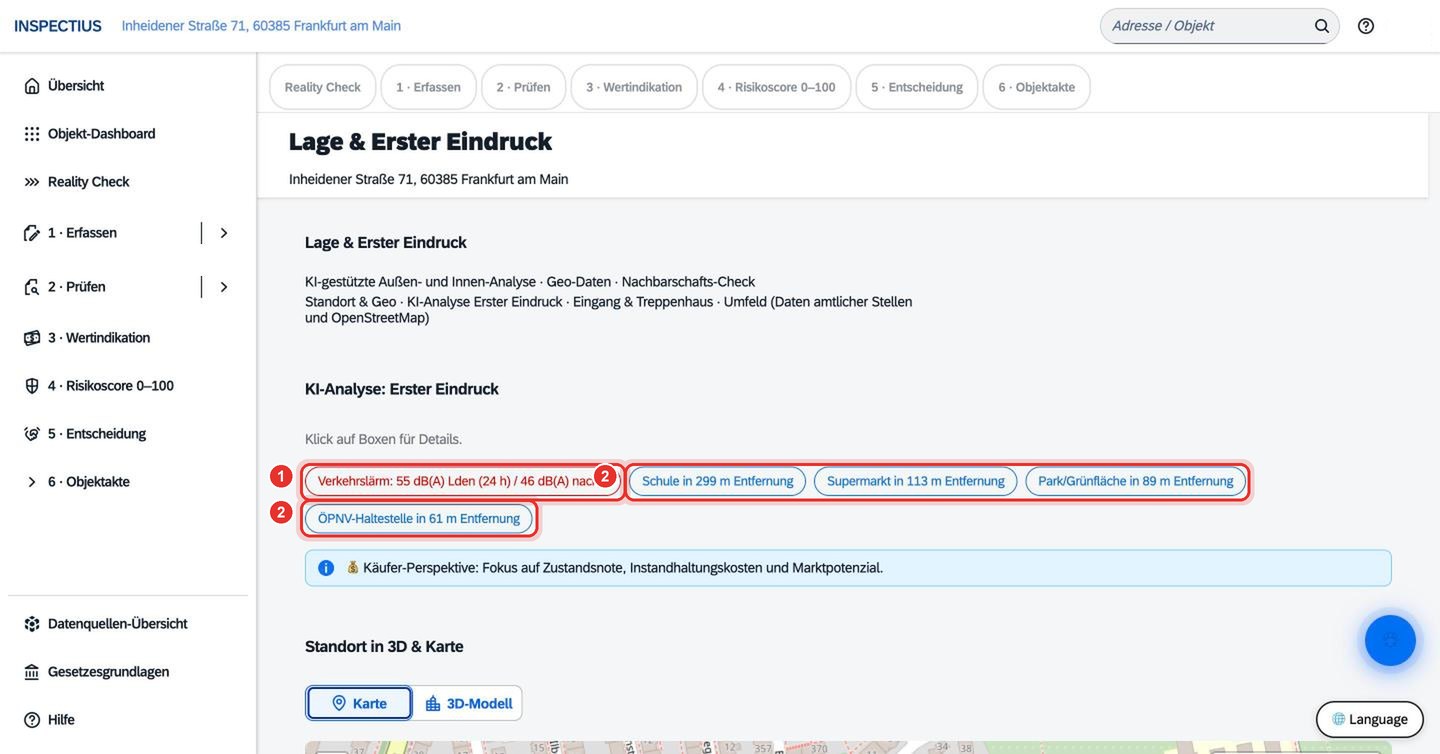 Bildschirmfoto Inspectius-Workspace: Lage & Erster Eindruck