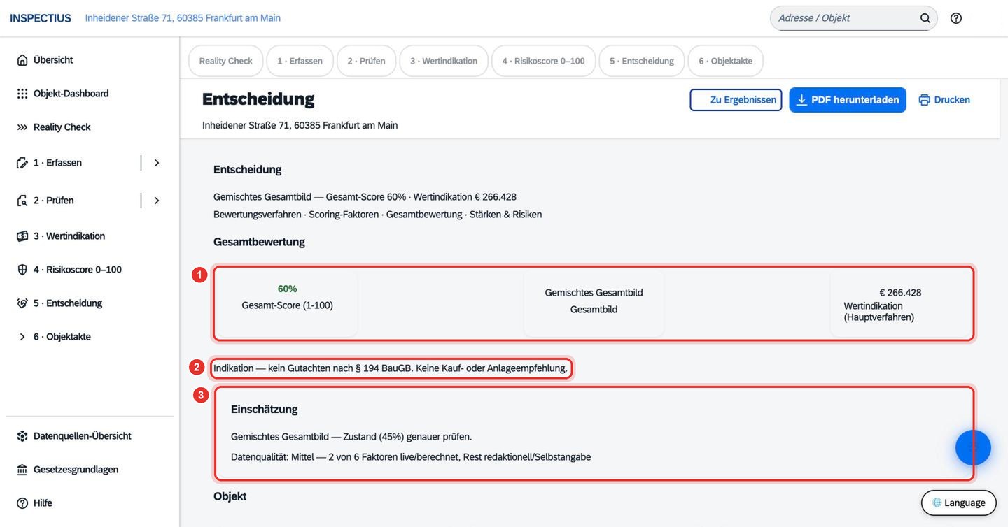 Bildschirmfoto Inspectius-Workspace: Entscheidung und Verhandlungsargumente