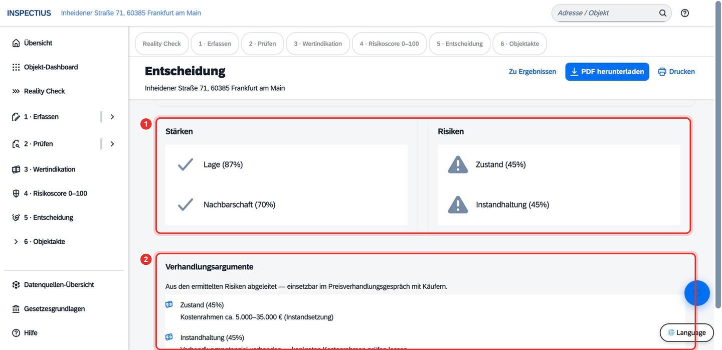 Bildschirmfoto Inspectius-Workspace: Entscheidung und Verhandlungsargumente