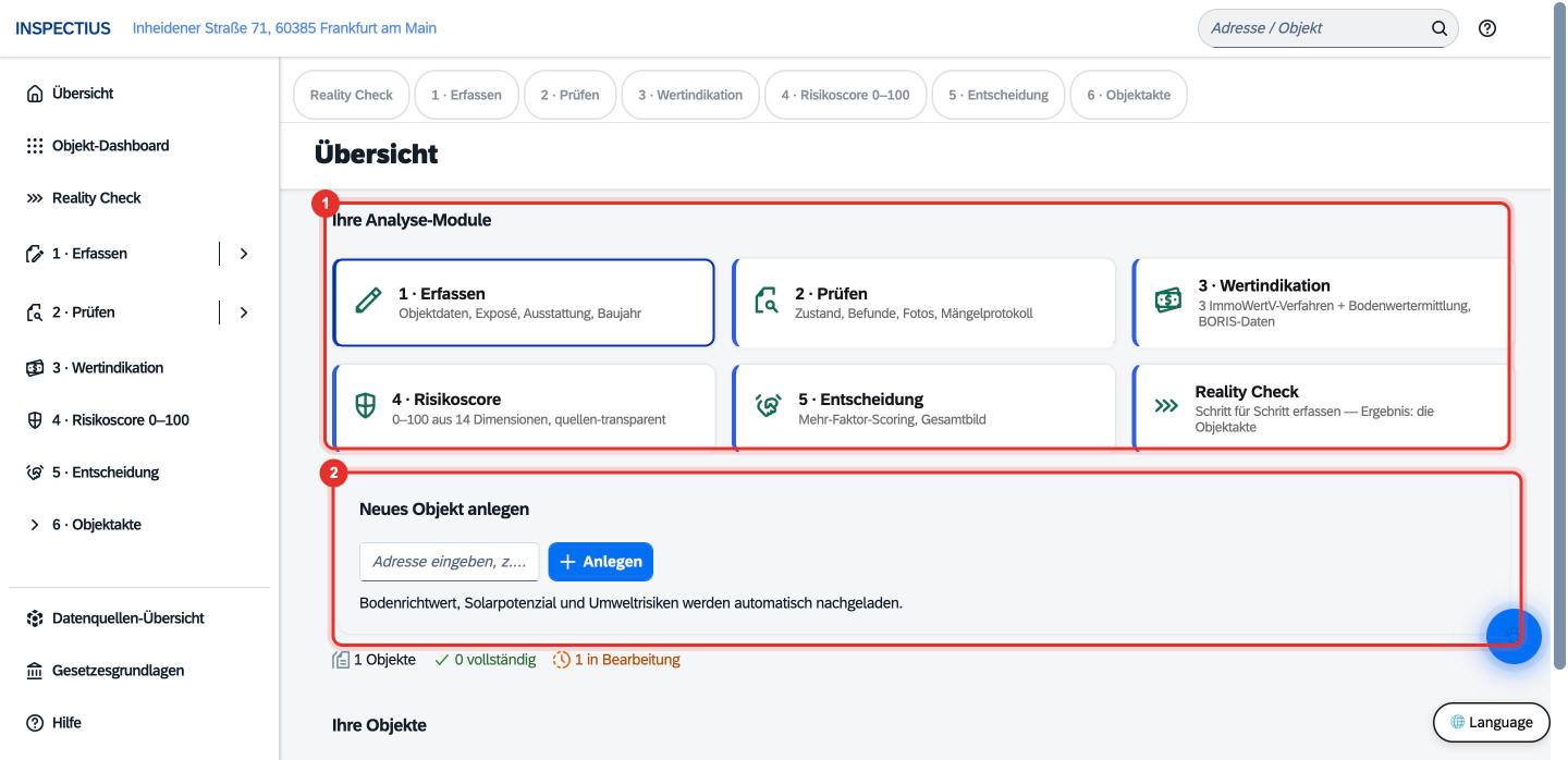 Bildschirmfoto Inspectius-Workspace: Übersicht und Objekt-Dashboard