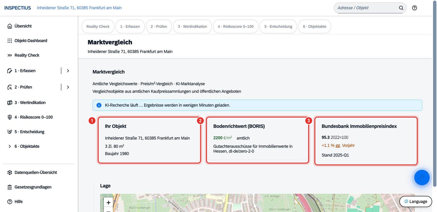 Bildschirmfoto Inspectius-Workspace: Vergleichsobjekte