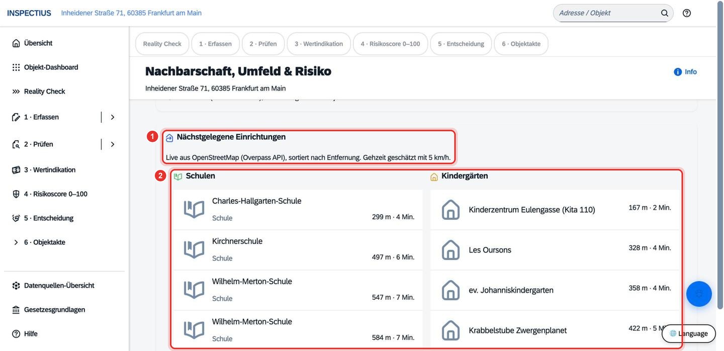 Bildschirmfoto Inspectius-Workspace: Nachbarschaft, Umfeld & Risiko