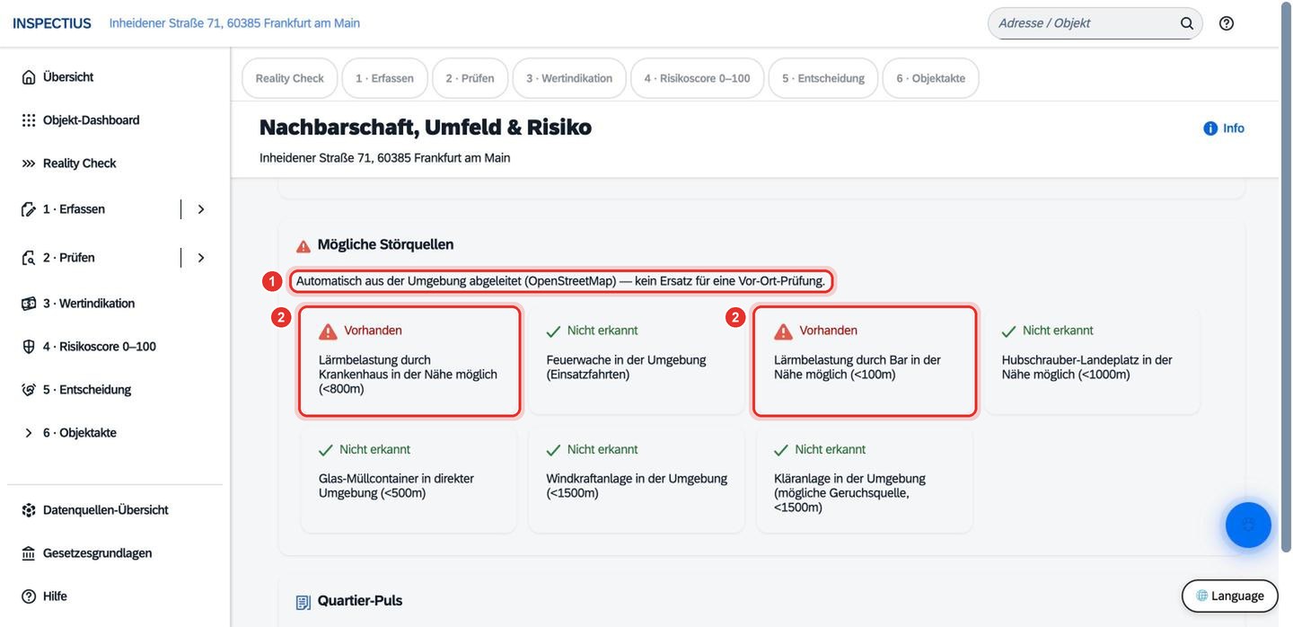 Bildschirmfoto Inspectius-Workspace: Nachbarschaft, Umfeld & Risiko