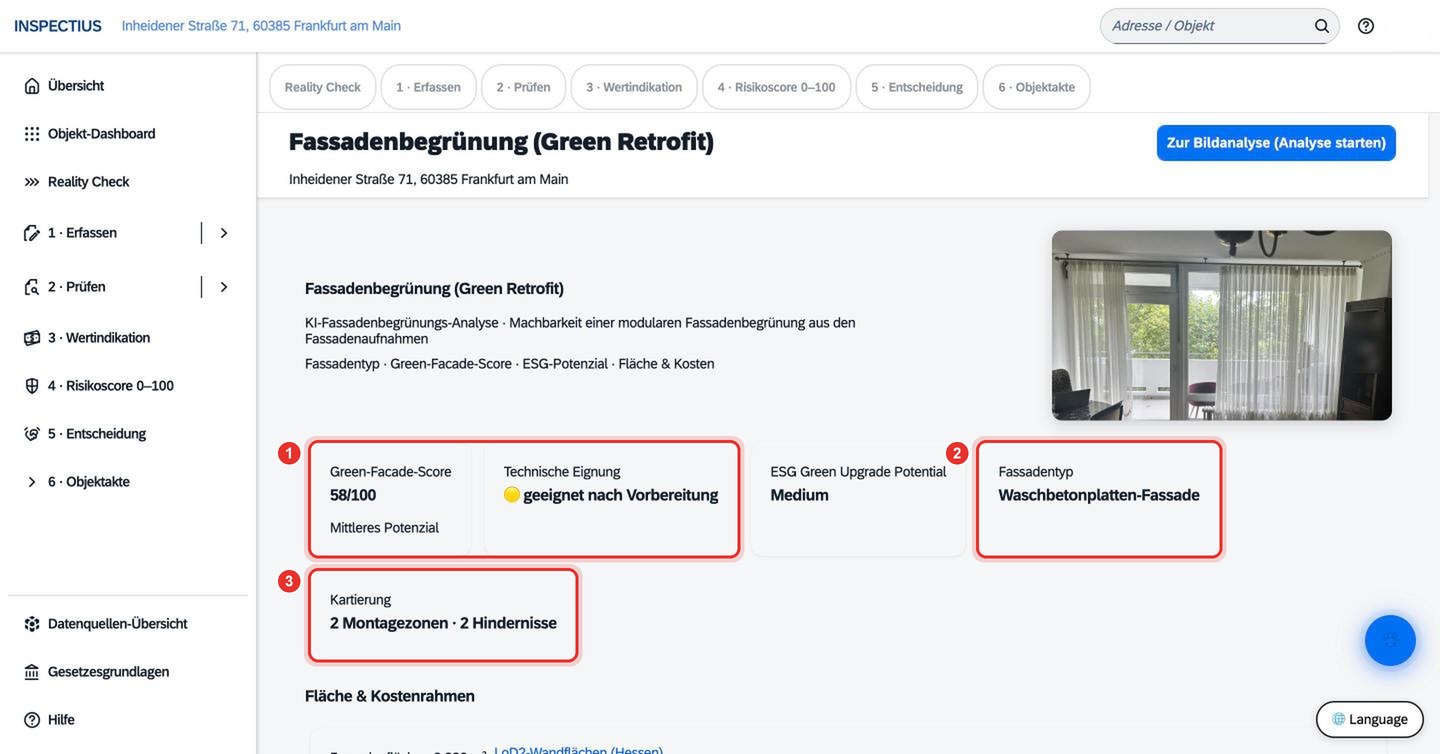Bildschirmfoto Inspectius-Workspace: Fassadenbegrünung