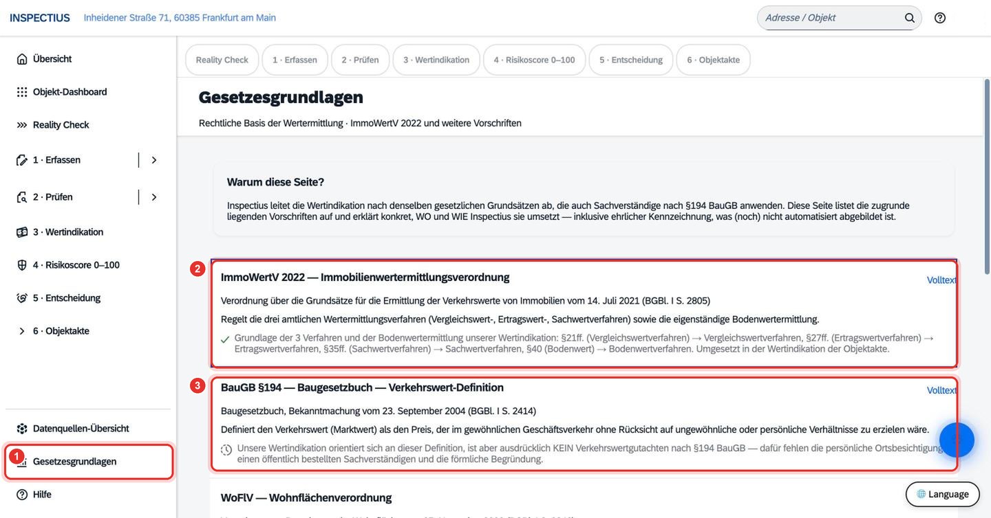 Bildschirmfoto Inspectius-Workspace: Gesetzesgrundlagen